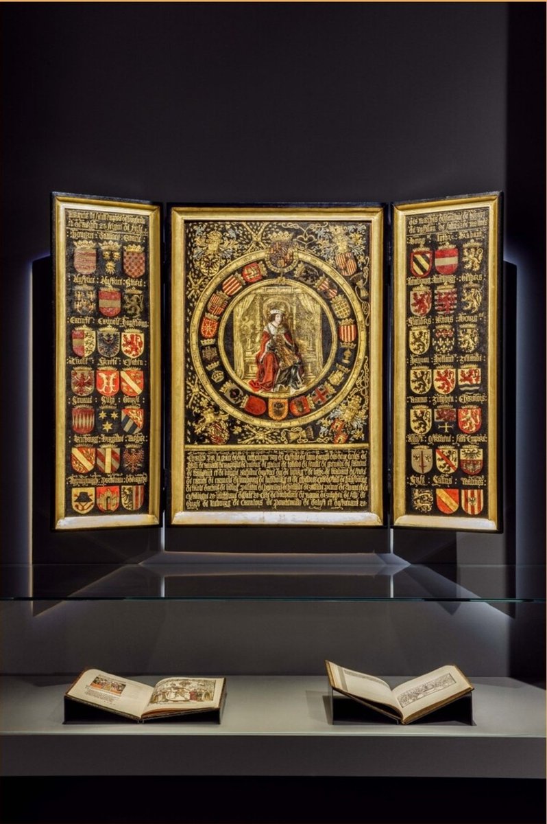 Cool triptych depicting young Emperor V, the most powerful man in 16th c. Europe, and the coats of arms of his countless domains. Ca. 1517, by Jan van Battel. Hof van Busleyden, Mechelen, Belgium.