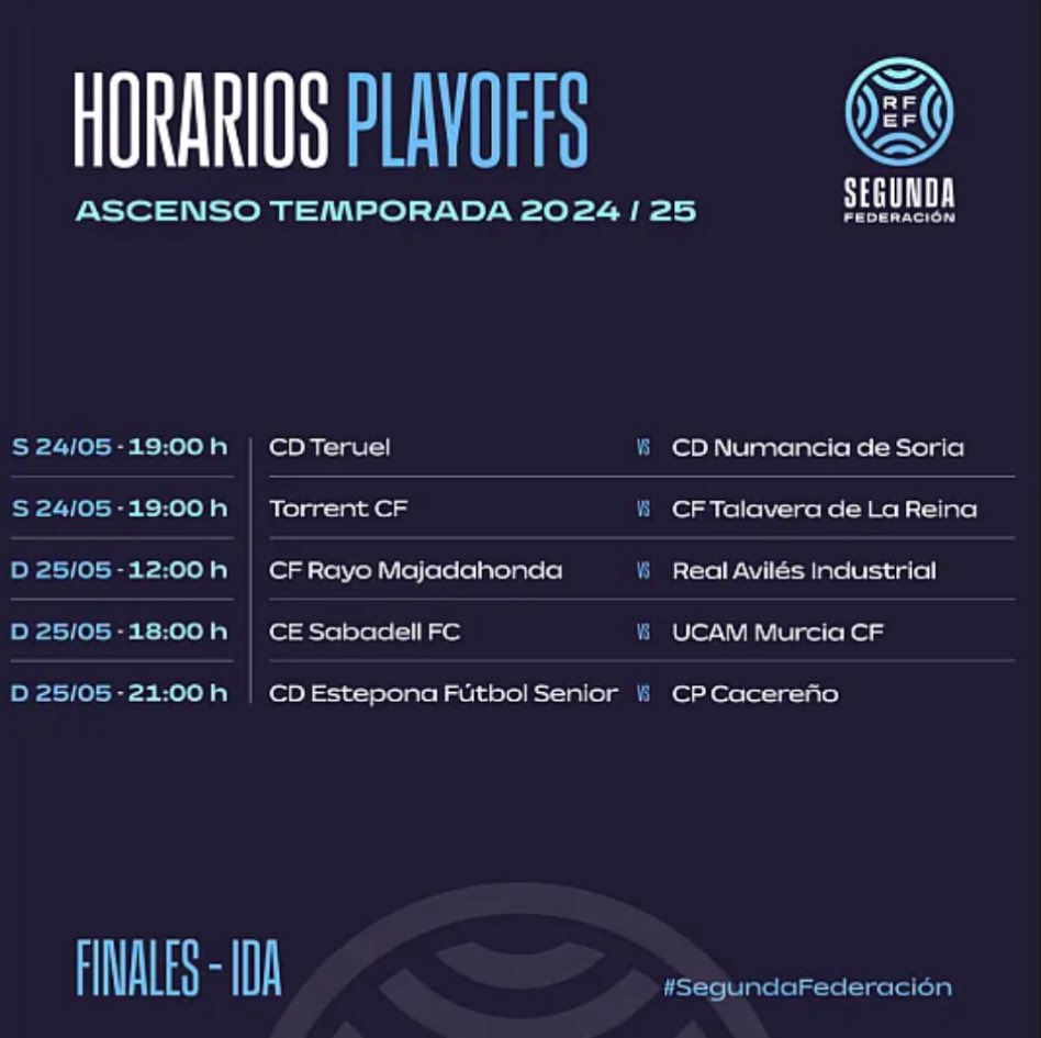 aaronhn22_'s tweet photo. ¡CONFIRMADO! Estos son los horarios para los partidos de IDA de Playoff de ascenso a Primera Federación 

#cdteruel #cdnumanciadesoria #torrentcf #cftalaveradelareina #cfrayomajadahonda #realavilesindustrial #cesabadellfc #ucammurciacf #cdestepona #cpcacereño https://t.co/mcVTRhkbgJ