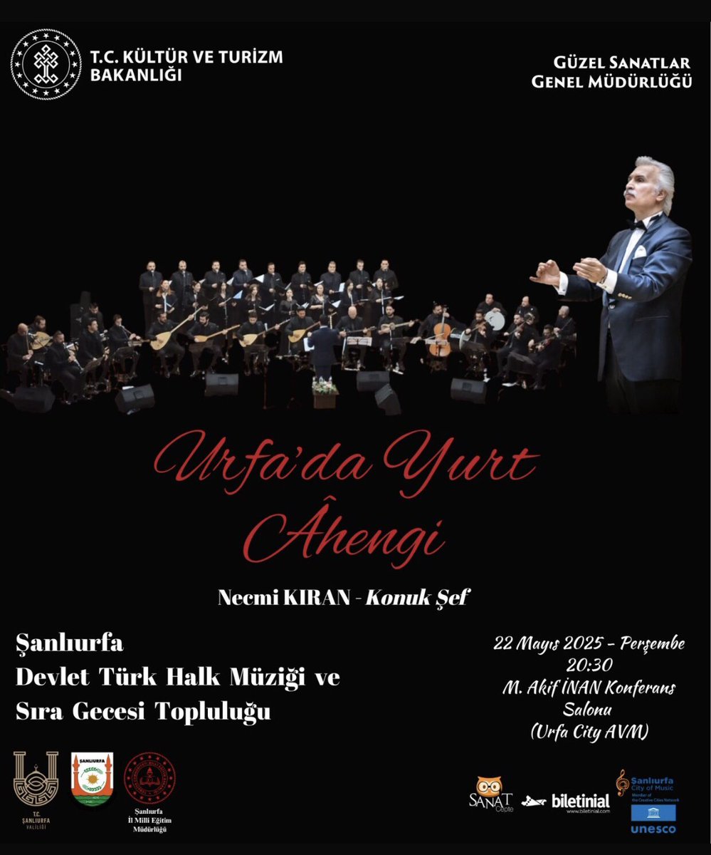 urfatopluluk's tweet photo. 22.05.2025 tarihinde Ankara Devlet THM Korosu şefi sayın Necmi KIRAN hocamızın yöneteceği  “URFA’DA YURT AHENGİ” adlı konser proğramımıza tüm sanatseverleri bekleriz… https://t.co/B0OF83EuYX