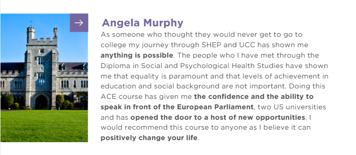ACE UCC (@aceucc) on Twitter photo From believing she would never go to University to completing a Diploma and speaking in front of the #EuropeanParliament, Angela Murphy describes her experience as a student in Social & Psychological Health Studies at <a href="/UCC/">UCC Ireland</a>
See programme: ucc.ie/en/ace-dsphs/ From believing she would never go to University to completing a Diploma and speaking in front of the #EuropeanParliament, Angela Murphy describes her experience as a student in Social & Psychological Health Studies at <a href="/UCC/">UCC Ireland</a>
See programme: ucc.ie/en/ace-dsphs/