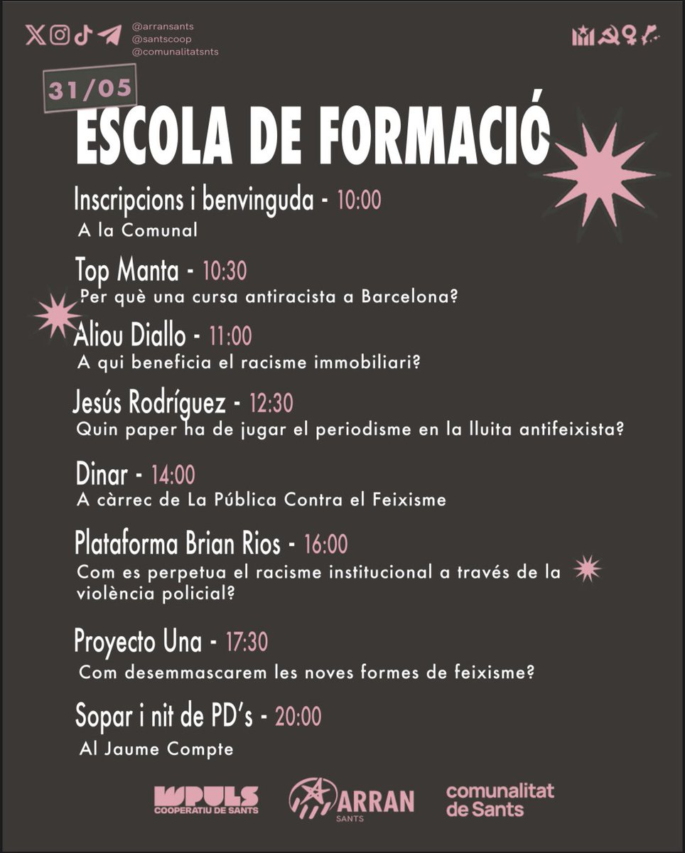 ⁉️ Com desemmascarem les noves formes de feixisme? 

👉🏽 Aquesta és una de les preguntes a què donarem resposta en l'escola de formació. Enllaç de les inscripcions a la biografia del perfil!

Contra el feixisme i el racisme, poder popular!