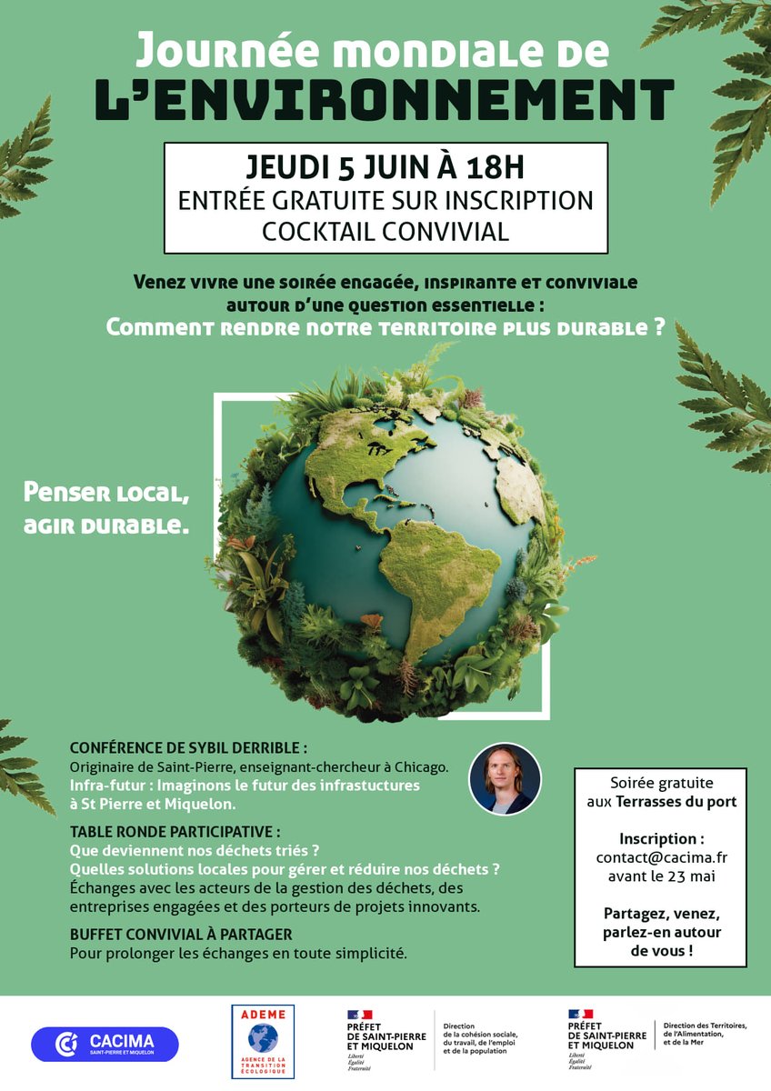 Préfet de Saint-Pierre et Miquelon (@prefet975) on Twitter photo La CACIMA, la DCSTEP, la DTAM et l’ADEME organisent une conférence animée par Sybil Derrible, suivi d’une table ronde participative le jeudi 5 juin 2025 à 18h00 aux Terrasses du port.
Inscription 📩contact@cacima.fr avant le vendredi 23 mai 2025.
#environnement La CACIMA, la DCSTEP, la DTAM et l’ADEME organisent une conférence animée par Sybil Derrible, suivi d’une table ronde participative le jeudi 5 juin 2025 à 18h00 aux Terrasses du port.
Inscription 📩contact@cacima.fr avant le vendredi 23 mai 2025.
#environnement