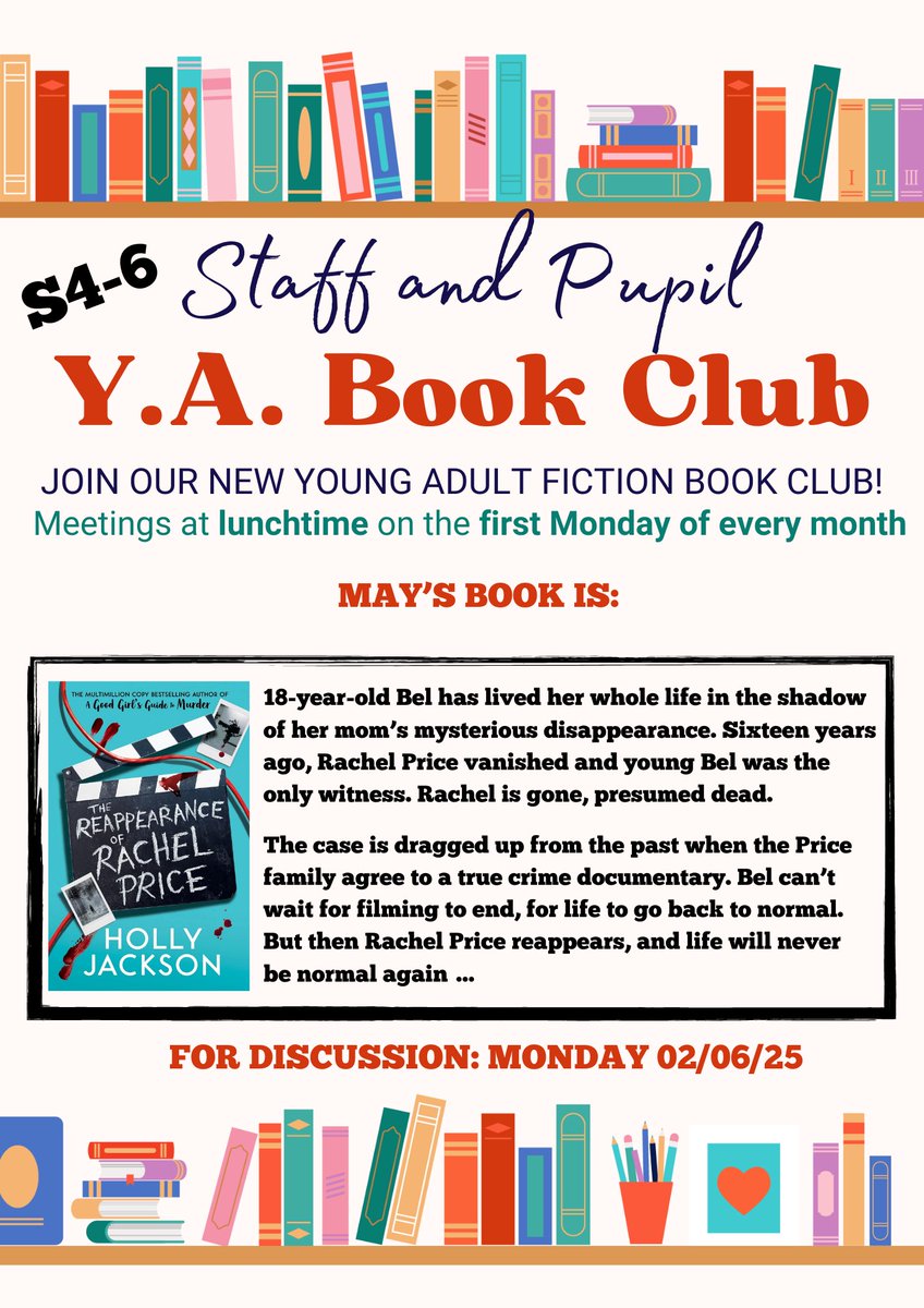 The YA Book Club's May read is 'The Reappearance of Rachel Price' by Holly Jackson <a href="/asgoodasdeadd/">Holly Jackson</a>. We will be discussing the book lunchtime Monday 2nd June in the staff room. Come join the book chat <a href="/Lornshill/">Lornshill Academy</a> #LornshillReads #ReadingSchoolsLornshill <a href="/scottishbktrust/">Scottish Book Trust</a>