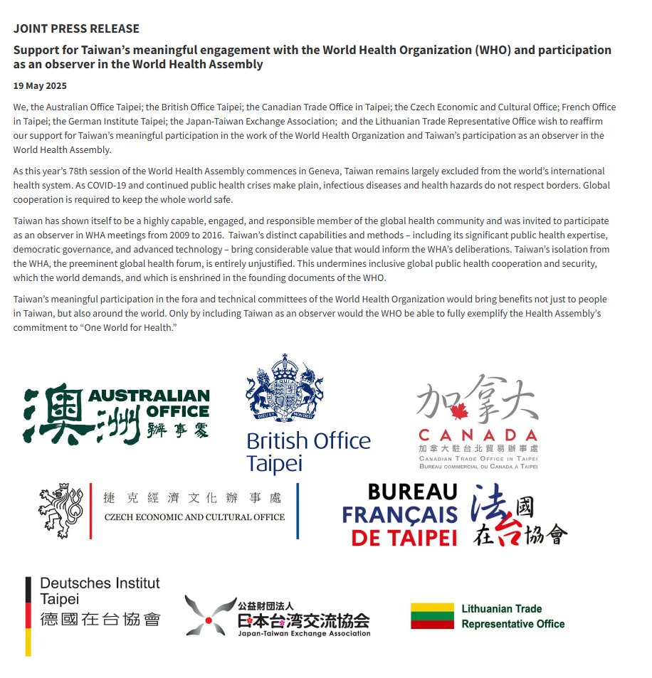 We thank #Australia🇦🇺, #Canada🇨🇦, #Czechia🇨🇿, #France🇫🇷, #Germany🇩🇪, #Japan🇯🇵, #Lithuania🇱🇹 &amp; #UK🇬🇧 for urging <a href="/WHO/">World Health Organization (WHO)</a> to heed #Taiwan’s🇹🇼 call for inclusion at #WHA78. Health knows no borders: Our exclusion weakens global action, while our inclusion strengthens #HealthForAll.