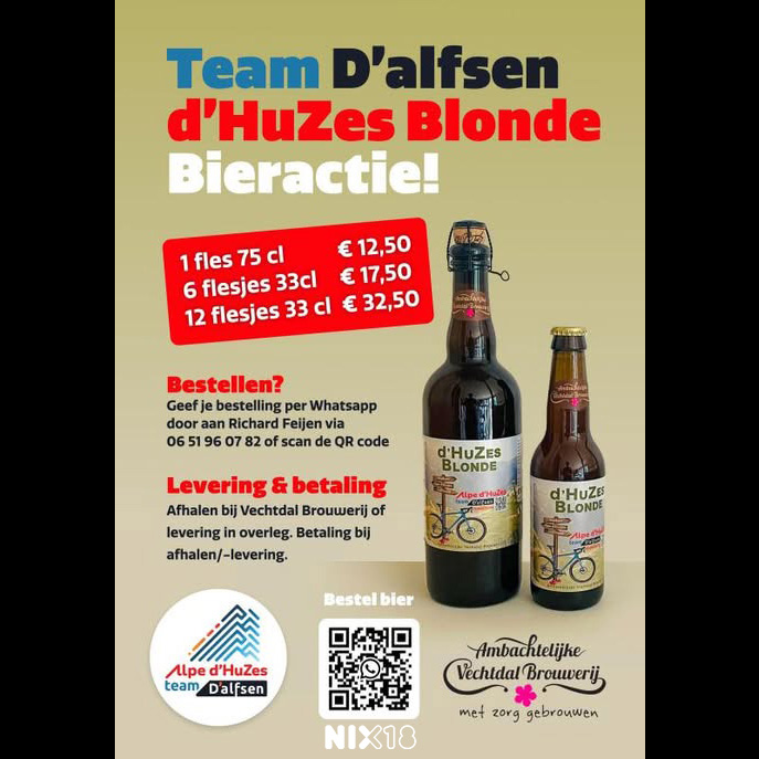 Even reclame maken voor een heel goed doel!

Help 𝗧𝗲𝗮𝗺 𝗗'𝗮𝗹𝗳𝘀𝗲𝗻 voor het goede doel <a href="/alpedhuzes/">Alpe d'HuZes</a>.
Nu lekkere blond biertjes uit onze brouwerij. Mooi als relatiegeschenk of Vaderdag cadeau!