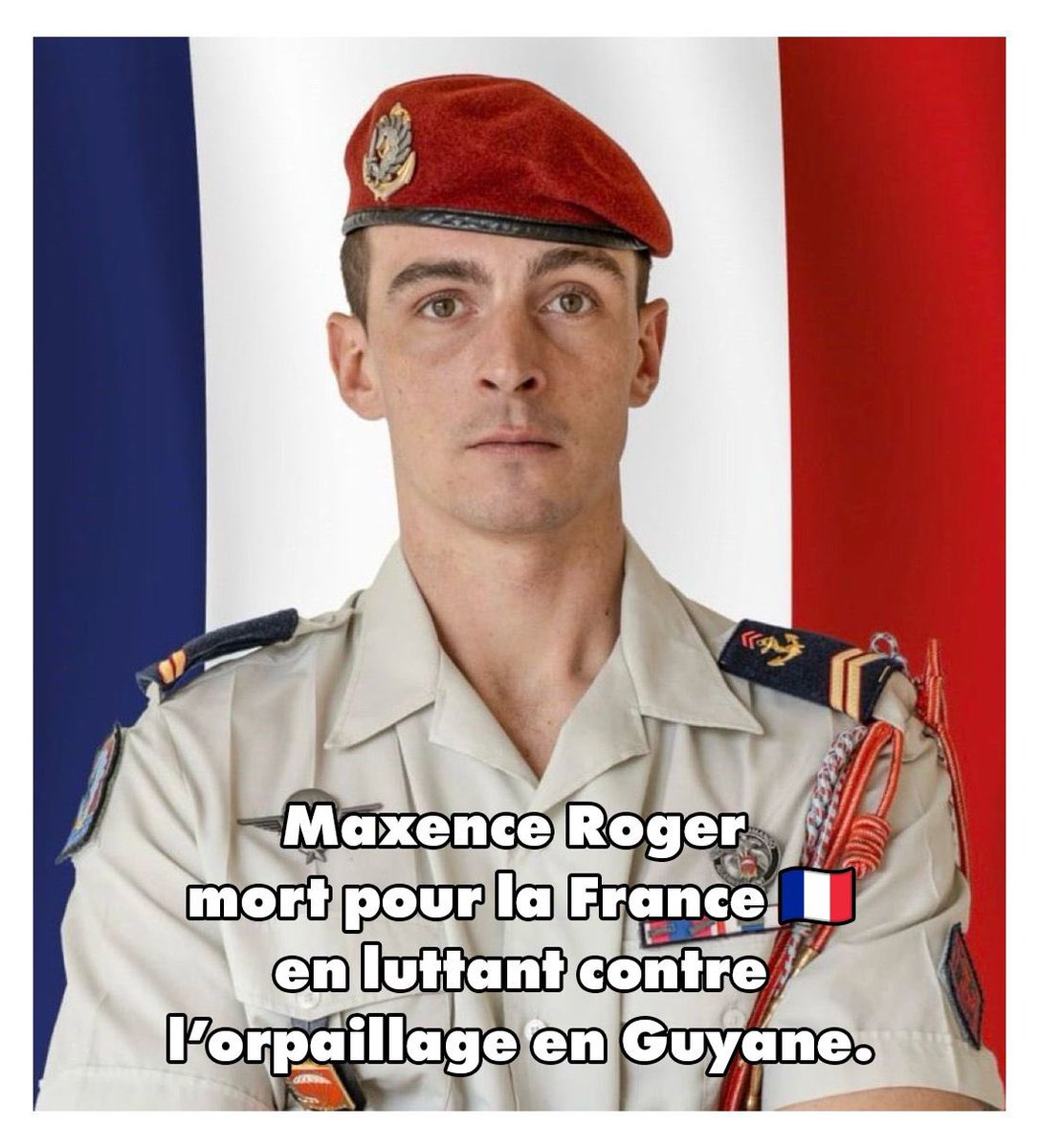 Il devrait faire la Une de tous les médias.

À 27 ans, le sergent 🇫🇷 Maxence Roger est tombé en Guyane, en protégeant les Français.

Il avait la France dans la peau, l’uniforme dans le cœur, le sens du devoir chevillé au corps.

Pendant que certains fantasment d’envoyer nos
