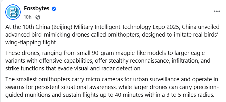 CyberpunkTTRPG's tweet image. China Develops Terrifying New Bird Like Drones That Can Spy And Strike Without Being Seen #Drones #SpyTech #AttackDrone #Cyberpunk #TTRPG #RPG