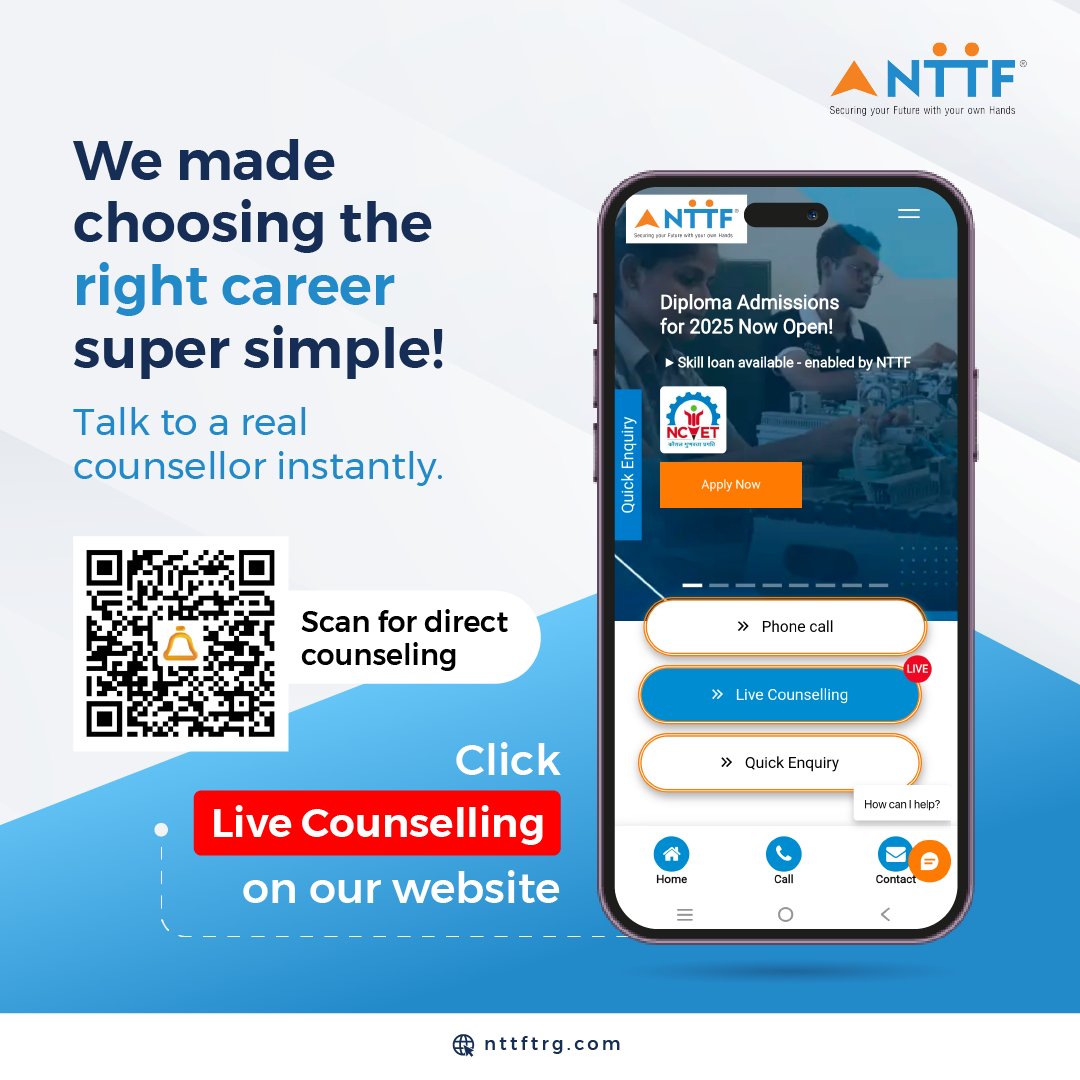 Confused about your career path? Get instant, personalized guidance from a real counselor! Click nttftrg.com/LiveCounselling or scan for direct counseling #NTTF #CareerCounselling #RightCareerChoice