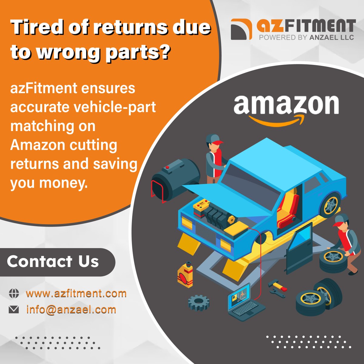 AzFitment's tweet photo. Tired of returns due to wrong parts?

Let azFitment handle accurate vehicle-part matching on Amazon so you save money and keep customers happy🛠️

📍https://t.co/S6gQuMiz0u |✉️info@anzael.com

#autoparts #amazonsellers #automotiveaftermarket #partsfitment #ecommercetools #carparts https://t.co/cJBAxRP1Z9