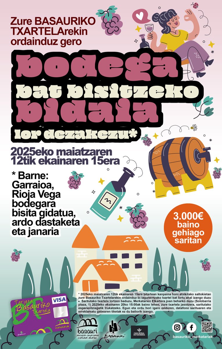 Con tu Tarjeta Basauri, del 12 de mayo al 15 de junio, puedes conseguir un viaje para visitar una bodega.

Zure Basauriko Txartelarekin, maiatzaren 12tik ekanairen 15ra, bodega bat bizitatzeko bidaia lor dezakezu.

#basaurikotxartela #tarjetabasauri #basauri  @basaurikoudala