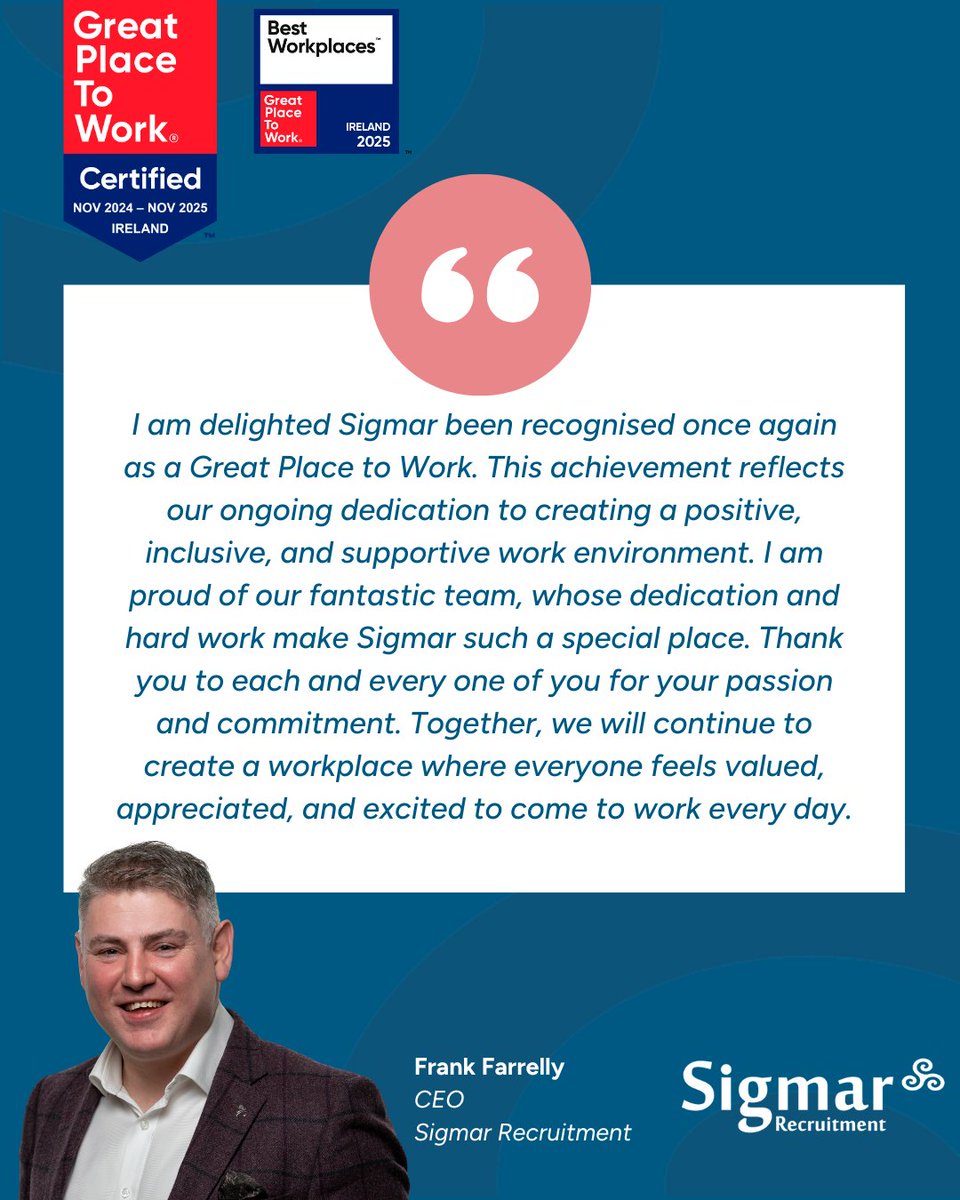 Sigmar is proud to be recognized once again as a Great Place to Work® Ireland! Our CEO, Frank Farrelly, shares his gratitude for our dedicated team.

We're hiring! For more information about the current roles available head to: sigmarrecruitment.com/aboutus/career…