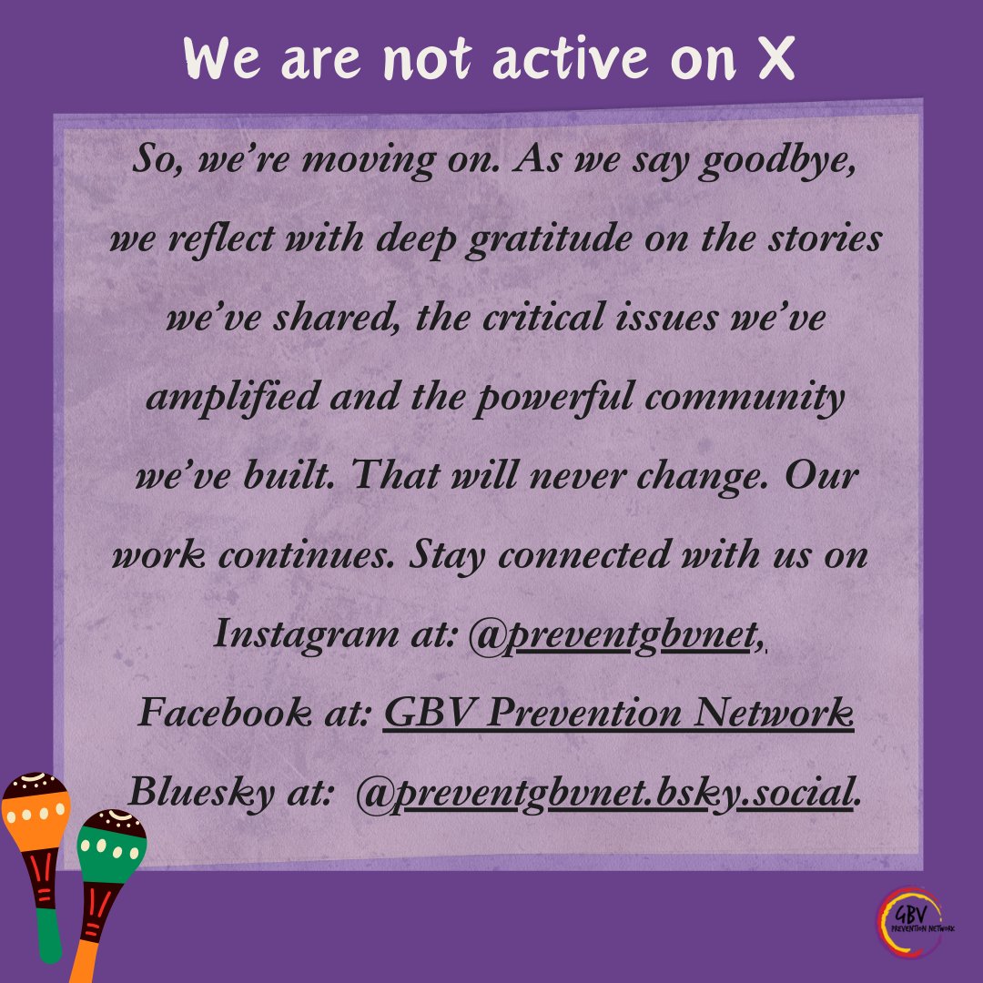 We are no longer active on X.

Connect with us!

Facebook: web.facebook.com/GBVPrevNetwork

Instagram: instagram.com/preventgbvnet/ 

Bluesky: bsky.app/profile/preven…