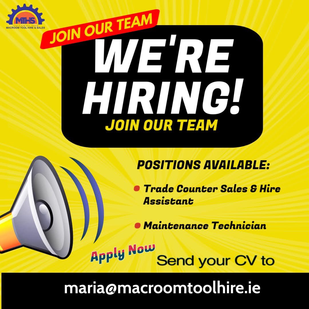 EXCITING NEWS - We're hiring &amp; looking for talented individuals to join our team. 
Two open positions, see below;
1. Trade Counter Sales &amp; Hire
2. Maintenance Technician
See our Facebook page for more details.
#jobopportunity #joinourteam #WeAreHiring