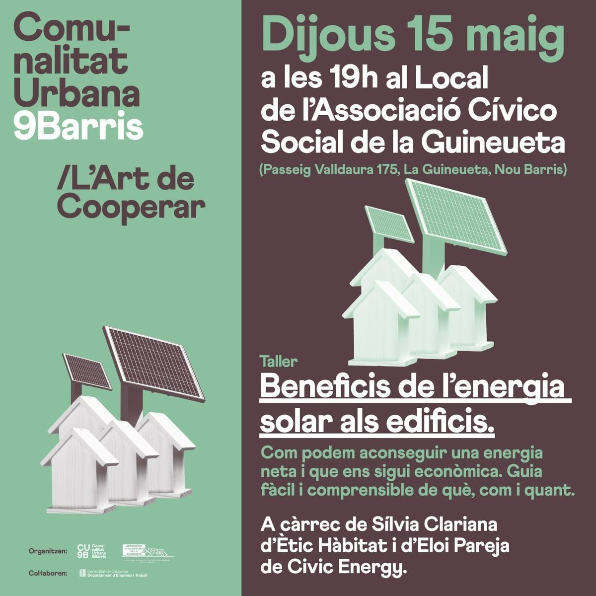 Aquí imatges del taller del passat 15 de maig on vàrem parlar des de la <a href="/Comunalitat9B/">CU9B - Comunalitat 9 Barris BCN</a> junt amb Azimut sobre els beneficis de l'energia solar als edificis i les ajudes i bonificacions a les quals es pot acollir la comunitat de veïnes si s'arriba a acord per fer les millores.