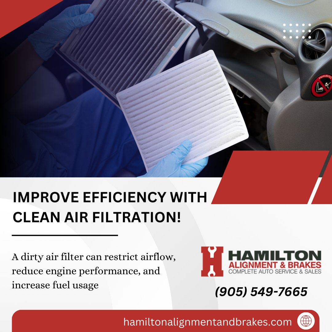 🔧 Improve Efficiency with Clean Air Filtration
A dirty air filter can restrict airflow, reduce engine performance, and increase fuel usage. At Hamilton Alignment and Brakes, we provide expert air filter inspections and replacements to help your vehicle operate at peak efficiency