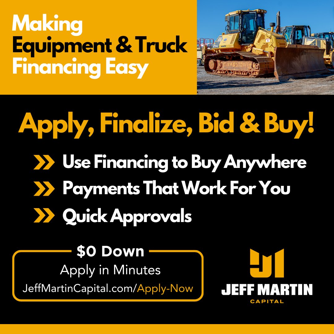 JMAuctioneers's tweet image. 💰 Need equipment or trucks? Jeff Martin Capital makes financing EASY!

✅ Quick Approvals
✅ $0 Down
✅ Payments That Work For You
✅ Use Financing to Buy Anywhere

Apply in minutes: jma.bid/JMCAPITAL
#JeffMartinCapital #EquipmentFinancing #BuyWithConfidence #AuctionReady