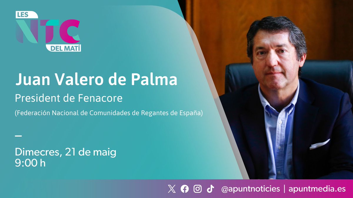 Les notícies del matí (@ntcdelmati) on Twitter photo 📡Dimecres entrevistem Juan Valero de Palma, president de Fenacore (<a href="/FenacoreOficial/">FENACORE</a>).
🗣️Amb <a href="/e_bolland/">Enrique Bolland</a> , <a href="/SUSIBOIXVAL/">SUSI BOIX</a> i <a href="/VictorRomeroEC/">Víctor Romero</a> en la tertúlia.
⏰09:00 h
📻web.apunt.es/RàdioEnDirecte
📺web.apunt.es/DirecteTV 📡Dimecres entrevistem Juan Valero de Palma, president de Fenacore (<a href="/FenacoreOficial/">FENACORE</a>).
🗣️Amb <a href="/e_bolland/">Enrique Bolland</a> , <a href="/SUSIBOIXVAL/">SUSI BOIX</a> i <a href="/VictorRomeroEC/">Víctor Romero</a> en la tertúlia.
⏰09:00 h
📻web.apunt.es/RàdioEnDirecte
📺web.apunt.es/DirecteTV