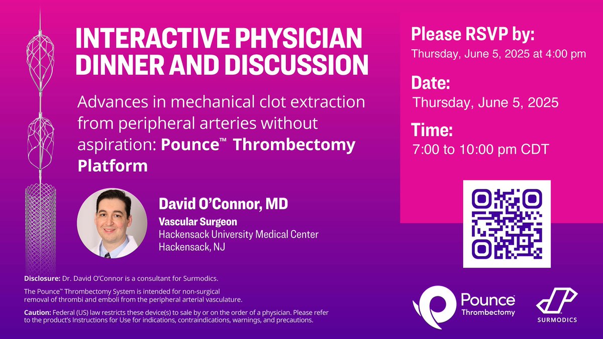 Surmodics, Inc. (@surmodics) on Twitter photo Attending #VAM25? Join us June 5, 2025 at 7:00 pm CDT to learn from leading vascular surgeon <a href="/Dr_OConnor/">Dr David O'Connor</a> about advances in mechanical clot extraction from peripheral arteries with the Pounce⢠#Thrombectomy Platform. RSVP now! Space is limited. hubs.ly/Q03ng6BF0 Rx only. Attending #VAM25? Join us June 5, 2025 at 7:00 pm CDT to learn from leading vascular surgeon <a href="/Dr_OConnor/">Dr David O'Connor</a> about advances in mechanical clot extraction from peripheral arteries with the Pounce⢠#Thrombectomy Platform. RSVP now! Space is limited. hubs.ly/Q03ng6BF0 Rx only.