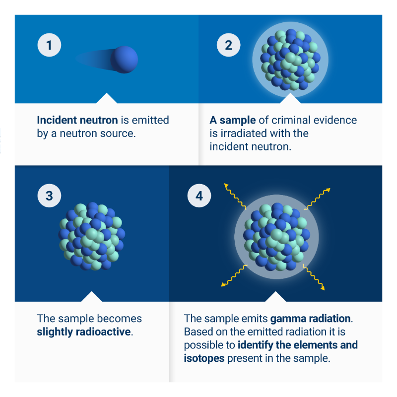 iaeaorg's tweet photo. Neutron activation analysis is a nuclear technique used by investigators to analyse criminal evidence such as a bullet. Swipe to learn how this technique works and discover other ways nuclear techniques help crime investigations on #NuclearExplained.