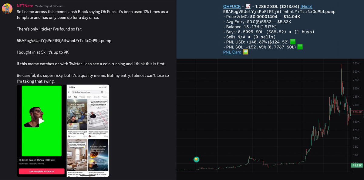 natesonchain's tweet image. I posted this thesis in my discord about a Josh Block (World Of Tshirts) meme I saw on TikTok and the subsequent coin. It did a 60x
Here was my entire thought process.
I saw the meme, thought it was funny, saw it used over and over in feed. It was also a very broad meme for…
