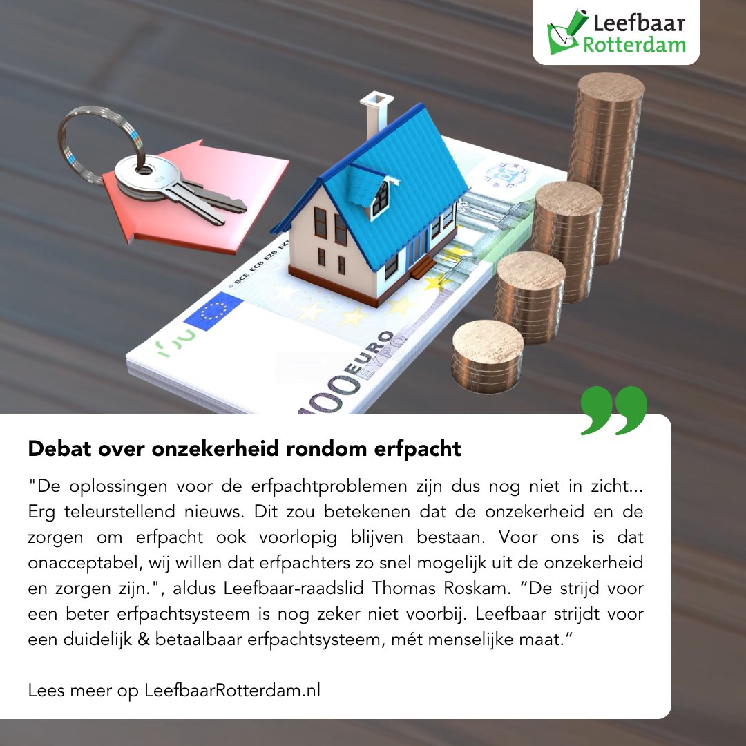 De woonwethouder heeft zojuist laten weten dat het onderzoek naar veranderingen in het erfpachtsysteem niet klaar is. Leefbaar heeft samen met de VVD een debat aangevraagd, zodat erfpachters niet nog langer in onzekerheid zitten.

Lees meer ➡️ leefbaarrotterdam.nl/nieuws/snel-ei…