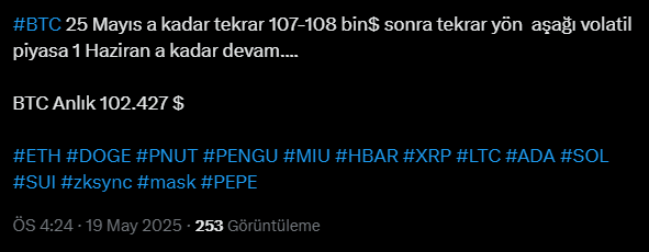bywebmaster's tweet image. BTC 21-25 Mayıs 107-108 bin $ hedefim geçerlidir. 

Hedef geldiğinde hangi tarihte hangi seviyeye düşüş noktasını paylaşacağım.

#bitcoin #btc #xrp #doge #pnut #pengu #neiro #aptos #avax #eth #pepe #ada #wld #zro #zk
#halk #transfer