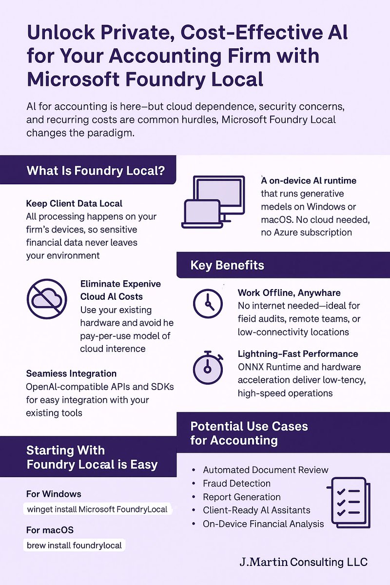 jules04711's tweet image. AI without the cloud? Yes, please.

Accountants &amp;amp; auditors—Foundry Local by Microsoft lets you run GenAI 100% on your device. No Azure. No data leaks. No lag.

💡 Private. Fast. Cost-saving.

Learn how: jmartin.consulting/2025/05/20/mic…

#Accounting #AuditTech #FoundryLocal #PrivateAI #CPA