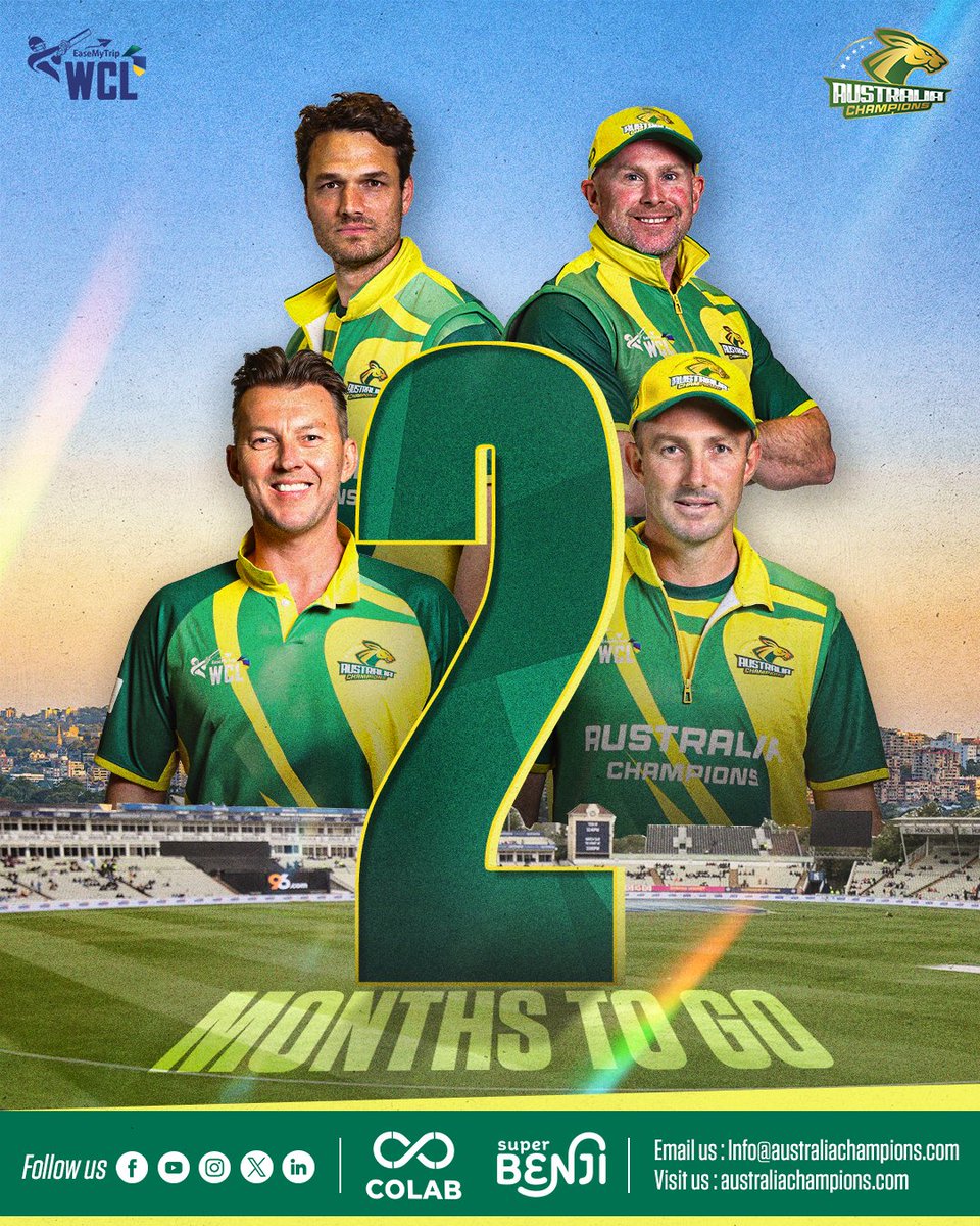 WclAustraliachampions (@australiachamps) on Twitter photo The Champions are coming. Mark your calendars ๐๏ธโ
โTwo months till the Green & Gold storm hits. ๐๐๐ช๏ธโ
<a href="/ColabCloud_/">Colab Platforms Limited</a> <a href="/BrettLee_58/">@BrettLee_58</a> <a href="/bendunk51/">ben dunk</a> <a href="/amarxeon/">Amardeep S Reen</a> #WCL2025 #WCLSeason2 #WorldChampionshipoflegendsย #Championsbackagain #Aussies #AustralianChampions #WCL The Champions are coming. Mark your calendars ๐๏ธโ
โTwo months till the Green & Gold storm hits. ๐๐๐ช๏ธโ
<a href="/ColabCloud_/">Colab Platforms Limited</a> <a href="/BrettLee_58/">@BrettLee_58</a> <a href="/bendunk51/">ben dunk</a> <a href="/amarxeon/">Amardeep S Reen</a> #WCL2025 #WCLSeason2 #WorldChampionshipoflegendsย #Championsbackagain #Aussies #AustralianChampions #WCL