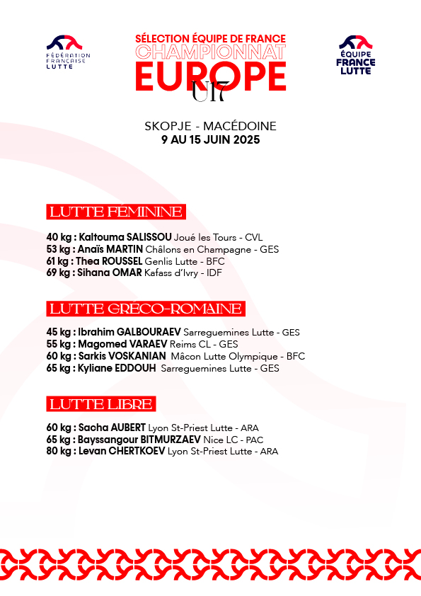 🌍 Europe U1️⃣7️⃣ - Macédoine du Nord 🌍

Du 9  au 15 juin prochain ⏳ la ville de Skopje en Macédoine du Nord 🇲🇰 accueillera les championnats d’Europe U1️⃣7️⃣ 🌍

Notre délégation française est composée de 1️⃣1️⃣ lutteurs 🔵⚪🔴

Toutes les infos ➡️  linktr.ee/FranceLutte