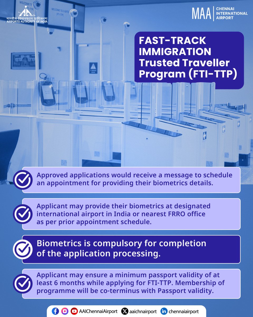 Long queues at immigration? Not if you're enrolled in FTI-TTP.

At Chennai Airport, pre-registered Indian nationals and OCI cardholders can use exclusive e-gates for faster clearance at both arrival and departure.

To enrol, visit: ftittp.mha.gov.in