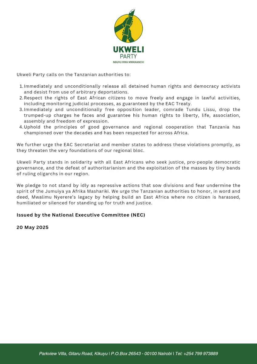 Statement on the unlawful detention and deportation of East African citizens by the government of Tanzania.