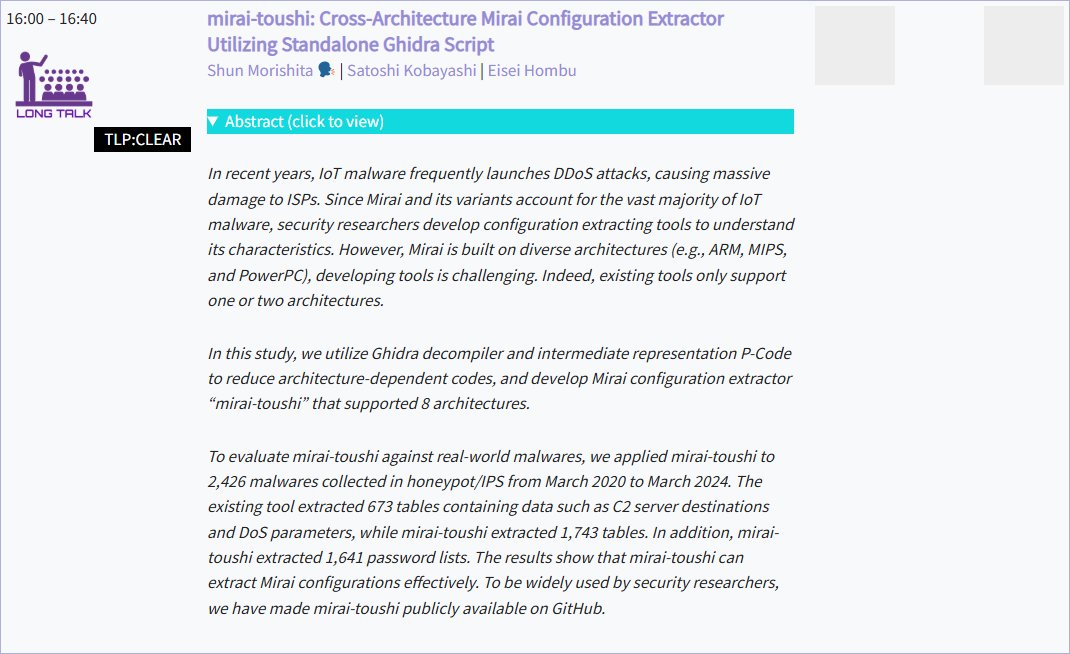 IIJ_doumae's tweet photo. IIJ researcher Morishita and team will present at #Botconf2025 #botconf !
They built a Mirai variant analyzer supporting 8 architectures (x86, x86_64, arm, mips, ppc and so) — with great results.
Check it out on GitHub: https://t.co/b8gXz422oz
More info: https://t.co/hQPAFP1u24 https://t.co/UI6rnSPAFD
