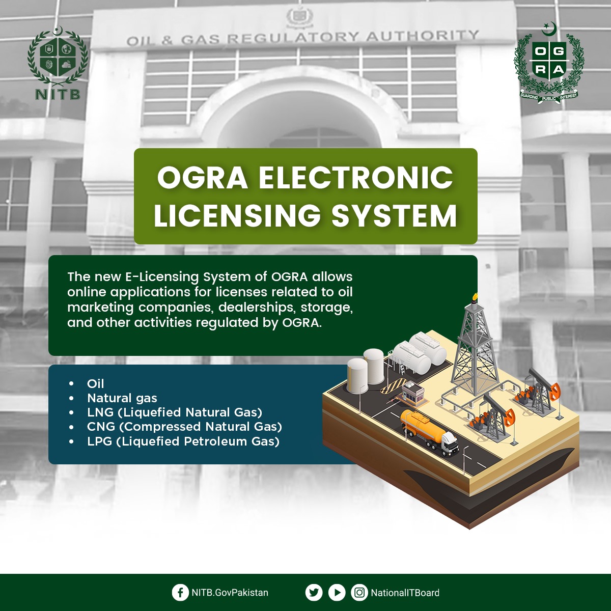 NationalITBoard's tweet image. OGRA Licensing Goes Digital – Powered by NITB!
NITB &amp;amp; OGRA fully digitized licensing for CNG, LNG, Refineries &amp;amp; Oil Sector with real-time integration with FBR, SECP &amp;amp; NADRA.
#OGRA #SECP #NADRA #FBR #oil #gas #license #NITB #MOITT #digitaltransformation #Islamabad #Pakistan