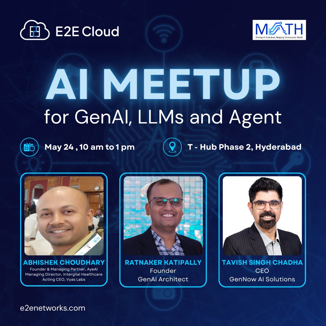 e2enetworks's tweet photo. 🚀 AI Day Hyderabad – GenAI, LLMs & Intelligent Agents Meetup

 📍 T-Hub Phase 2, Hyderabad
 📅 Date: May 24, 2025
 🕙 Time: 10:00 AM – 1:00 PM

Get ready for an exciting AI Meetup focused on GenAI, LLMs, and Intelligent Agents — bringing together India’s most dynamic AI founders, engineers, and researchers.

🎯 Strategic Partner: Math
 We’re proud to collaborate with Math as our strategic partner to foster open AI dialogue and hands-on learning.

🎙️ Speaker Line-Up
🔹 Abhishek Choudhary, Founder & Managing Partner, AyeAI
 🧠 Talk: “Not So Much a’gent: From BLAS to Bias — Reframing Equity in AI’s Core and Cognition”

🔹 Ratnaker Katipally, Founder & GenAI Architect, https://t.co/zhPyCBkVML
 🧠 Talk: “AgenticAI, GenAI, and Query Processing at Scale”

🔹 Tavish Singh Chadha, CEO, GenNow AI Solutions
 🧠 Talk: “Fueling the LLM Revolution: How GPUs Power Generative AI at Scale”

💡 Why Attend?
Deep dives into GenAI, intelligent agents, and LLM infrastructure
Discover real-world applications and product frameworks
Network with AI founders, engineers, and innovators
Learn how GPUs power scalable and responsible AI

🎯 Who Should Join:
 AI/ML Engineers, Researchers, Founders, CTOs, Product Managers, Data Scientists, Students & Builders

🎫 Free, limited-capacity meetup – Register now! 👉 https://t.co/O1y2oRals1

@MATHAIMl | @SoSaysAC