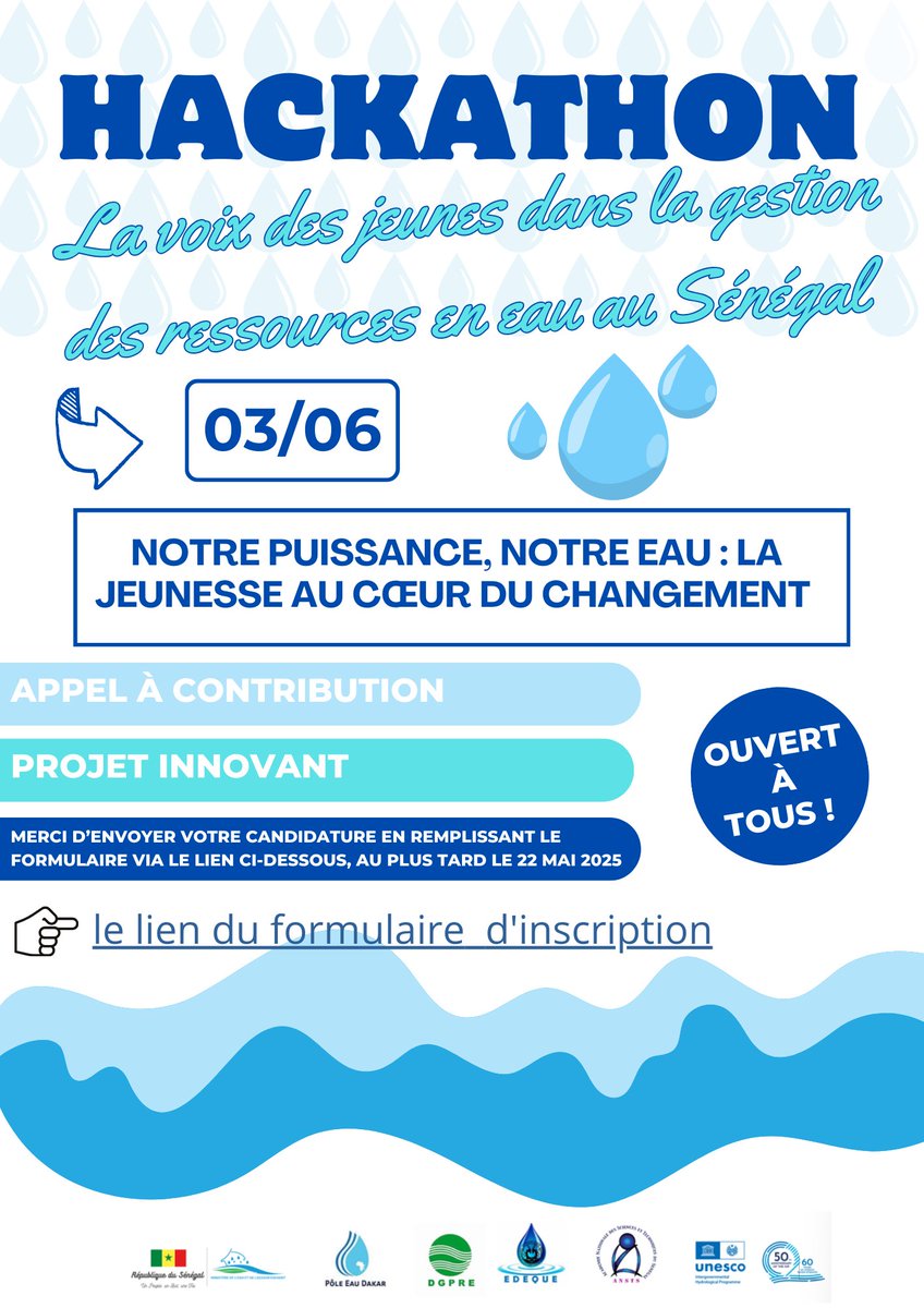 💧 Célébrons 50 ans du PHI &amp; 60 ans d'engagement UNESCO pour l'eau !
Participez à l’#Hackathon2025 : Notre puissance, notre eau
Jeunesse + Nexus Eau-Énergie-Écosystèmes-Agriculture =💡solutions durables &amp; paix
 
👉 Formulaire d’inscription : docs.google.com/forms/d/1l5pR1…
 
#Youth4Water