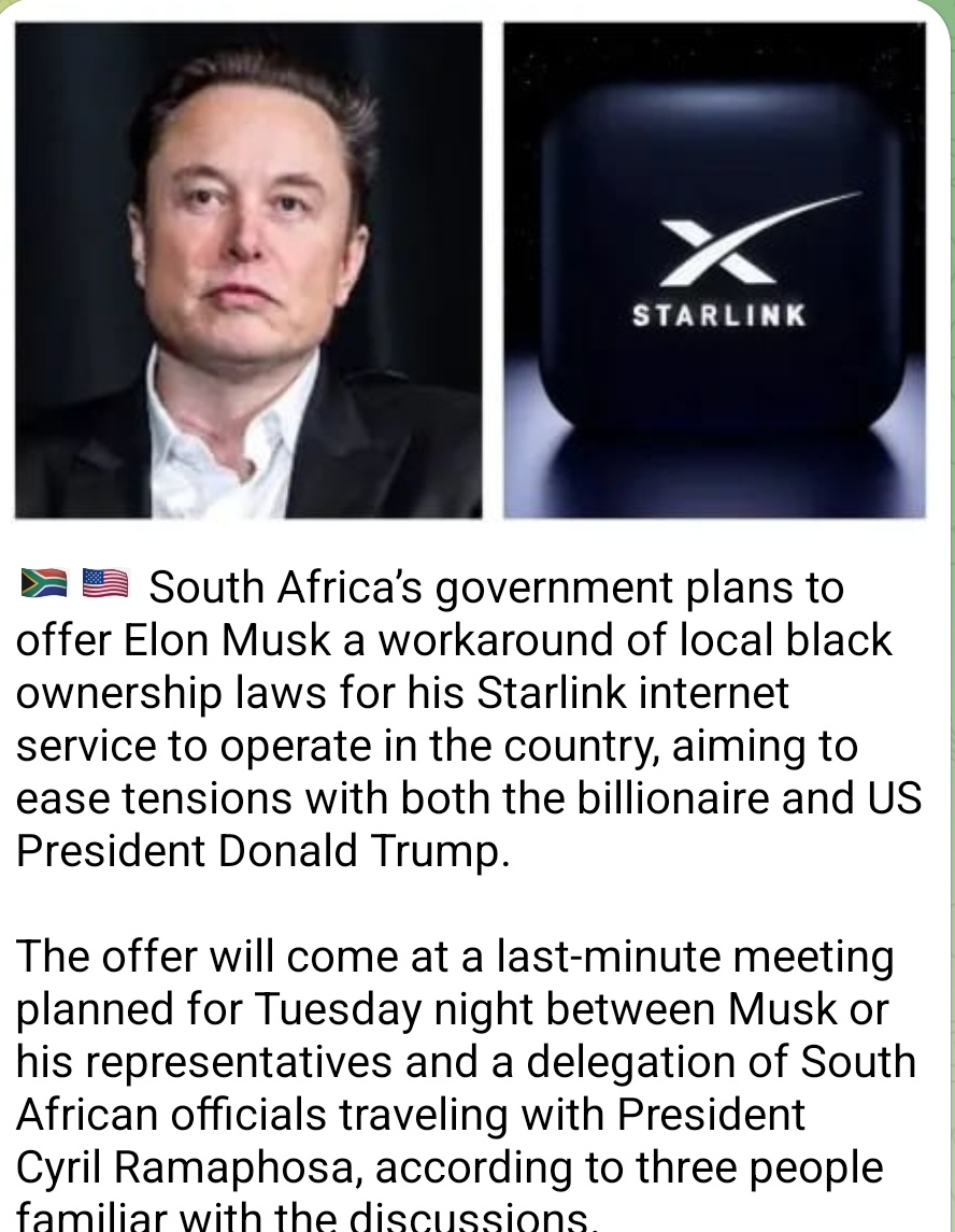 StrydomJoost's tweet image. South Africa Reports:
🇿🇦🇺🇸 South Africa’s government plans to offer Elon Musk a workaround of local black ownership laws for his Starlink internet service to operate in the country, aiming to ease tensions with both the billionaire and US President Donald Trump.
The offer will…