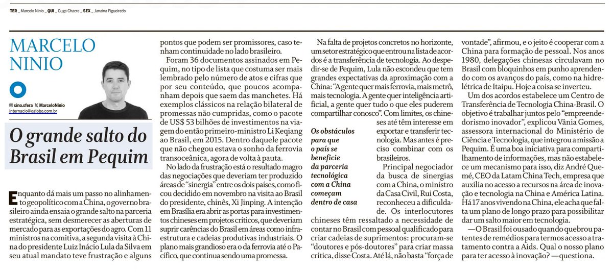 O único correspondente brasileiro na China não faz fofoca. Mostra como foram as negociações. Diz o artigo que a China espera que "o Brasil tenha pessoal qualificado para criar cadeias de suprimentos: procuram doutores e pós-doutores para criar massa crítica. "