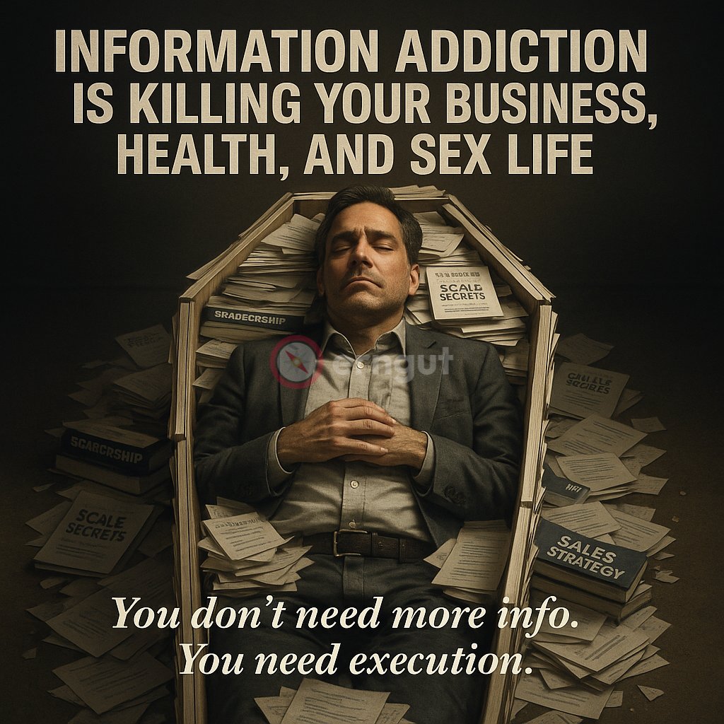 Information Addiction Is Killing Your Business, Health, And Sex Life.

I have the proof:

Last week I was reviewing progress with a client who had purchased 14 business books in the previous quarter alone. Enrolled in 3 courses. Attended a bunch of webinars.

Yet hadn't landed a