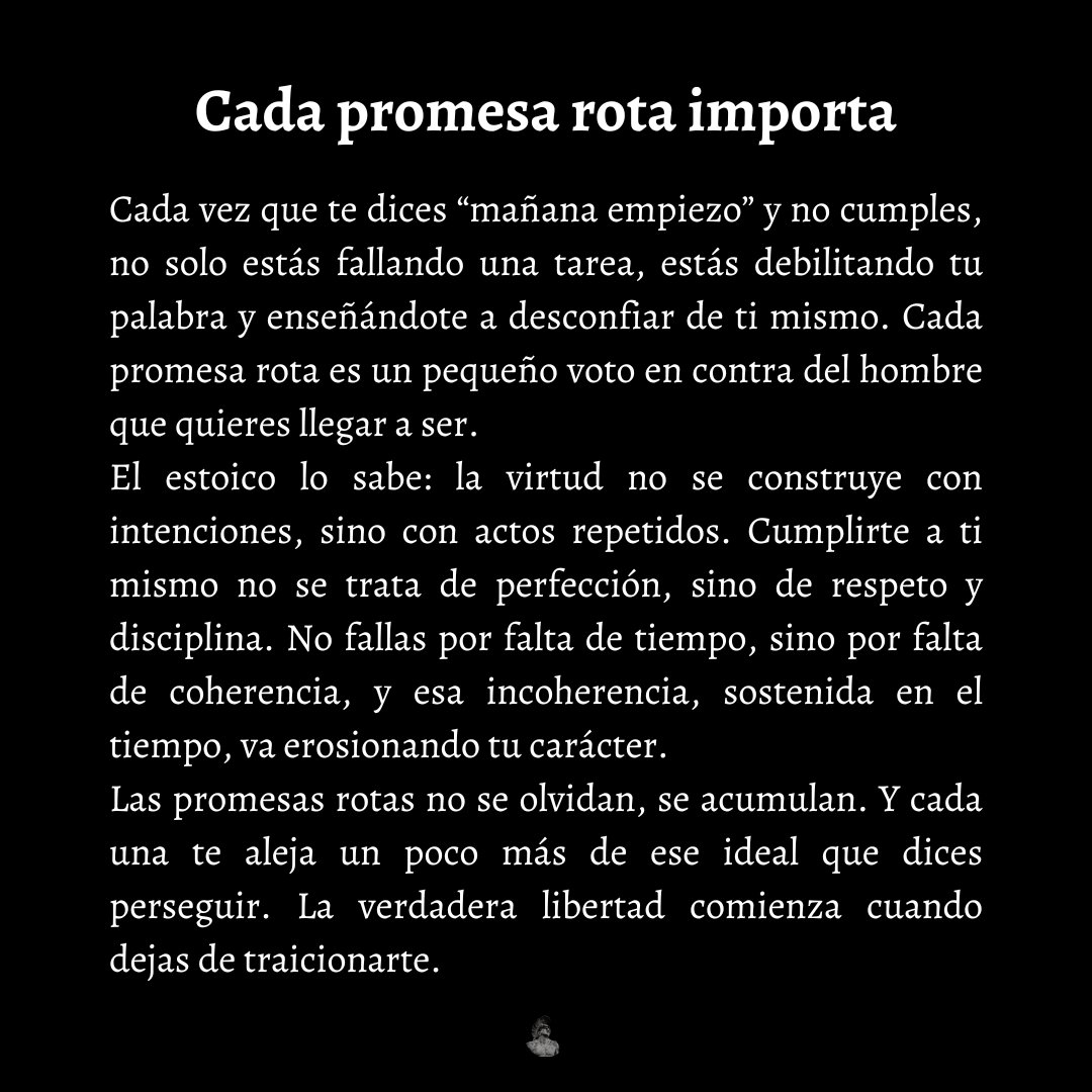 ElArteDeVivir__'s tweet image. Cada promesa rota que te haces a ti mismo es un voto en contra del hombre que quieres llegar a ser.
