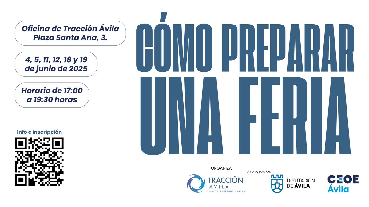 ¿Tienes que asistir o participar en ferias comerciales nacionales o internacionales?
Prepararlas bien es fundamental, apunta la info de esta formación 😉
📍 Oficina de Tracción Ávila
🗓 4, 5, 11, 12, 18 y 19 de junio 
🕔De 17:00h a 19:30h

Inscríbete aquí:
forms.office.com/e/f4vSFqbJb3