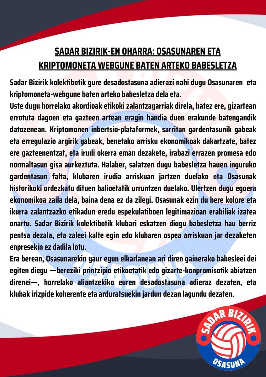 sadarbizirik's tweet photo. Gure irakurketa Osasunaren eta Kriptotxanponen webgune baten arteko babesletza berriaren aurrean. https://t.co/csY0L5n0kr