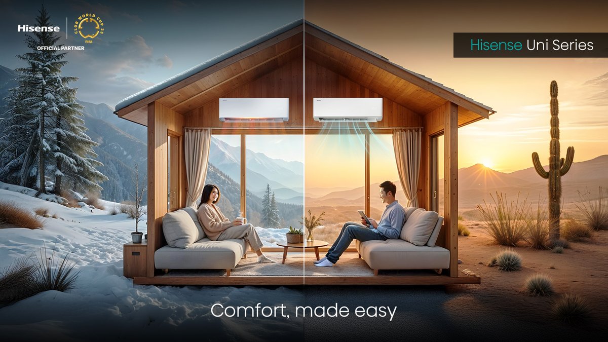 HisenseUg's tweet photo. The Uni Series keeps you cool on hot days, and warm on chilly nights.
Set the perfect temperature and enjoy all-day comfort, every day—just
the way you like it.
#Hisense #Tech #Quality #UniSeries #AIAirExpert #EasyLiving https://t.co/ohCfP73LPr