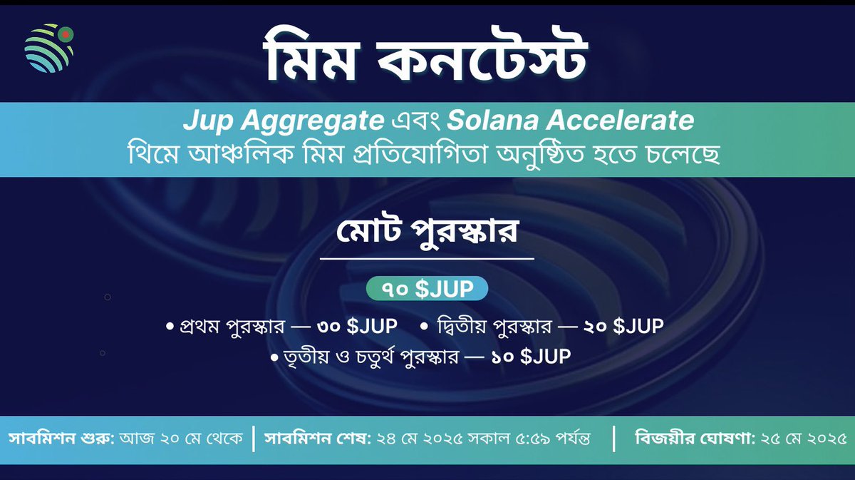 JupBangladesh's tweet photo. JM জুপিভার্স! 🪐
আমরা নিয়ে এসেছি #AggregatingMemes কনটেস্ট, যেখানে রয়েছে ৭০ $JUP পুরস্কার! 🎉
@SolanaConf এবং Jupiter Aggregate এর ২১শে মে অনুষ্ঠেয় ইভেন্ট উদযাপনে, আমরা আহ্বান জানাচ্ছি আপনাদের মজার মিম তৈরি করতে – বিষয় হচ্ছে Jupiter Aggregate এবং Solana Accelerate।
বিস্তারিত নিচে👇
