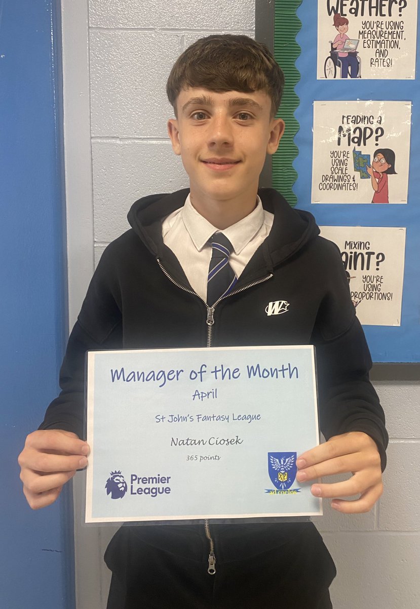 Belated congratulations to Natan Ciosek for April’s Manager of the Month, with 365 points! One more week to go.. ⚽️🏆 <a href="/StJohnsOfficial/">St John's RC High School</a>