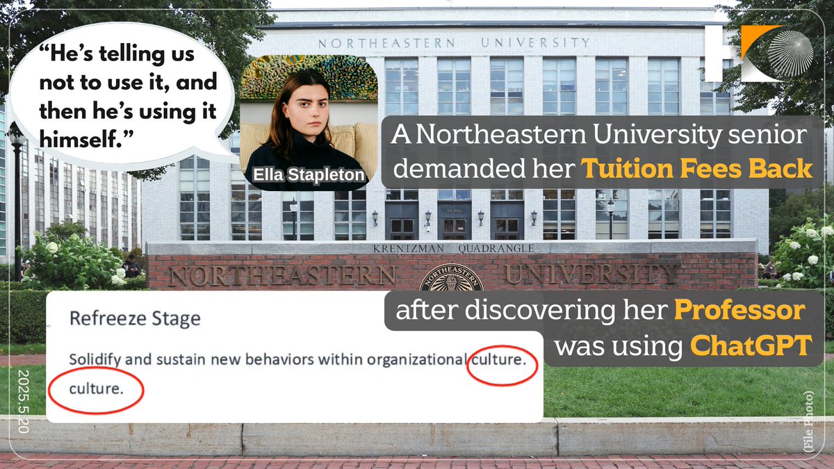 HKeye_'s tweet image. A Northeastern University senior filed a formal complaint and demanded a tuition refund after discovering her professor was secretly using AI tools to generate notes.
#hkeye #northeasternuniversity #university  #student #Students #AI #Artificial #professor #chatgpt