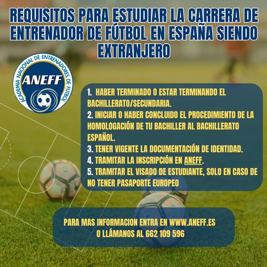 📋 ¿Qué requisitos necesitas para estudiar la carrera de #entrenador de #fútbol en España siendo extranjero?

⚽️ Guía definitiva paso a paso en aneff.es en el apartado de noticias ⚽️