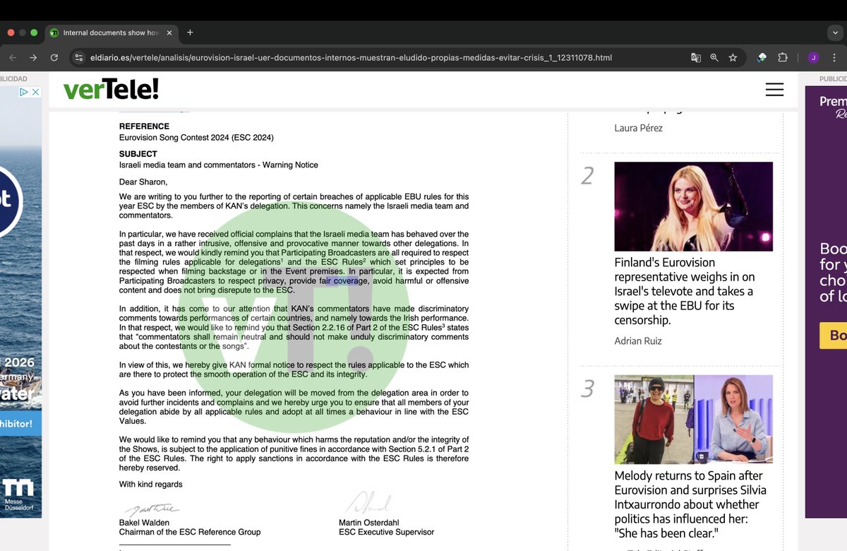 1/ The EBU sent a letter to the Israeli delegation on the day of the 2024 Grand Final. This letter stated that the Israeli media and commentators had broken the ESC rules and made discriminatory comments, with comments made about Bambie Thug specifically highlighted.