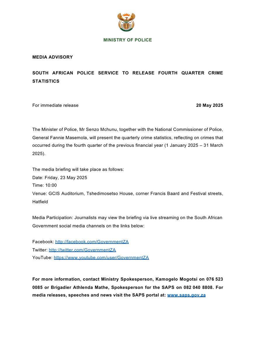 Senzo_Mchunu_'s tweet photo. Media advisory: Release of fourth quarter crime statistics
Date: 23 May 2025
Time: 10:00 
Venue: GCIS Offices 
@SAPoliceService @GovernmentZA https://t.co/aEcSgVWatp