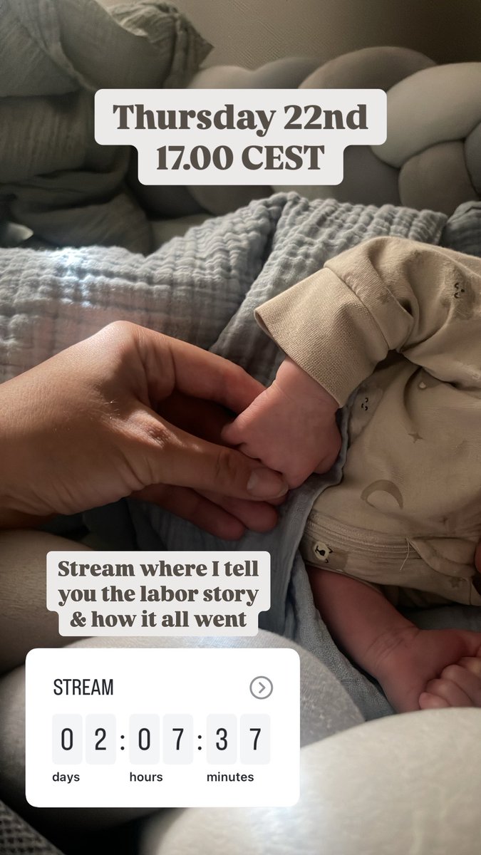 Thursday 22nd at 17.00 CEST 

I will stream again &amp; tell you how the birth went. You get to ask all your questions and how things have gone!

Don’t miss it ❤️👶🏽🍼👩🏽‍🍼 Save the date &amp; time