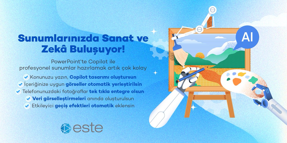 estebilisim's tweet photo. 🪄PowerPoint'te Copilot ile profesyonel sunumlar hazırlamak artık çok kolay! Copilot, anlattığınız konuyu analiz edip uygun şablonlar, görseller ve anlatım şekilleri önererek hikâye anlatımınızı güçlendirir. 👇 
https://t.co/P7hdUWTusf

#EsteBilisim #Copilot  #PowerPoint https://t.co/Bnyjj9AlPH